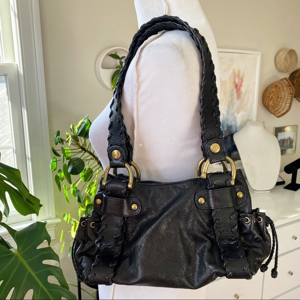 Kooba Black Leather Satchel Brass Hardware Double Handles Shoulder Bag Purse EUC